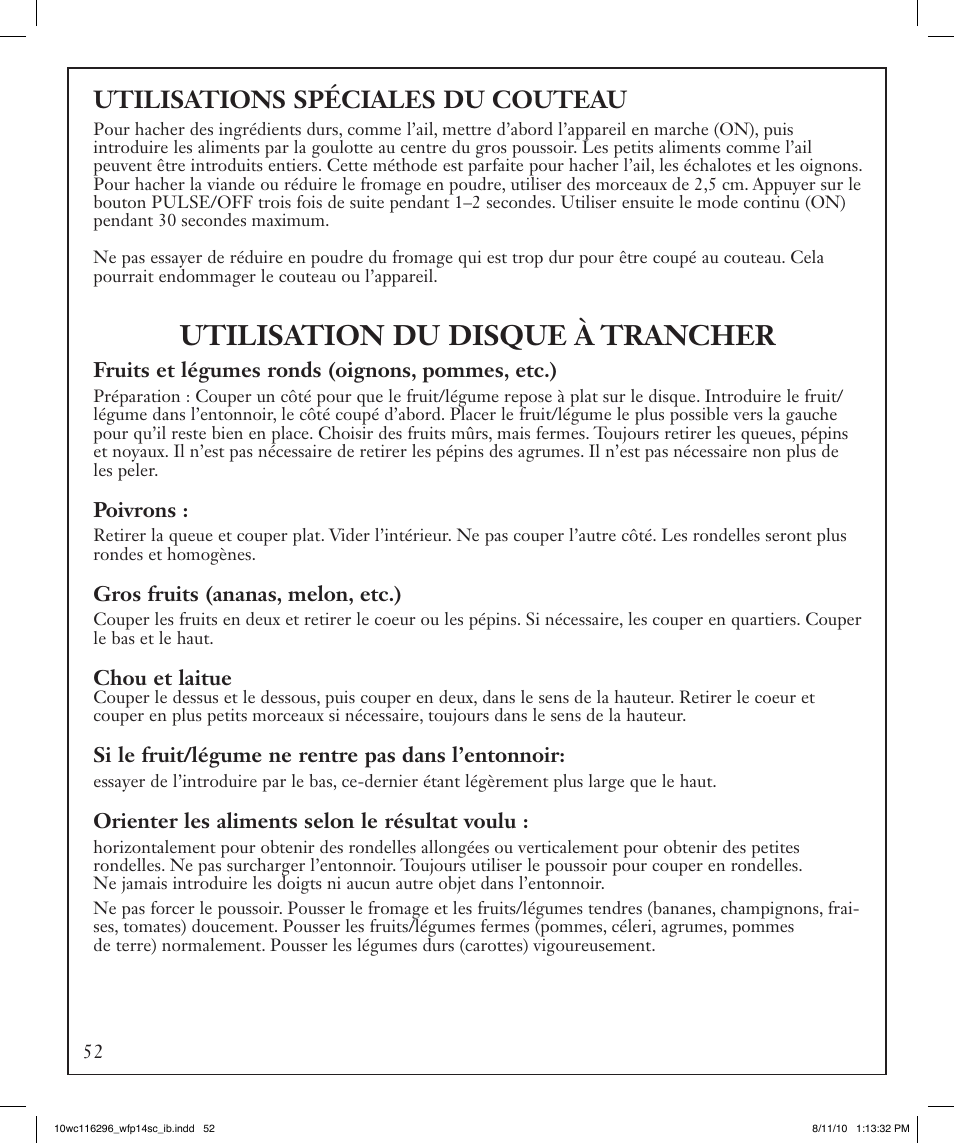 Utilisation du disque à trancher, Utilisations spéciales du couteau | Waring WFP14SC User Manual | Page 52 / 60