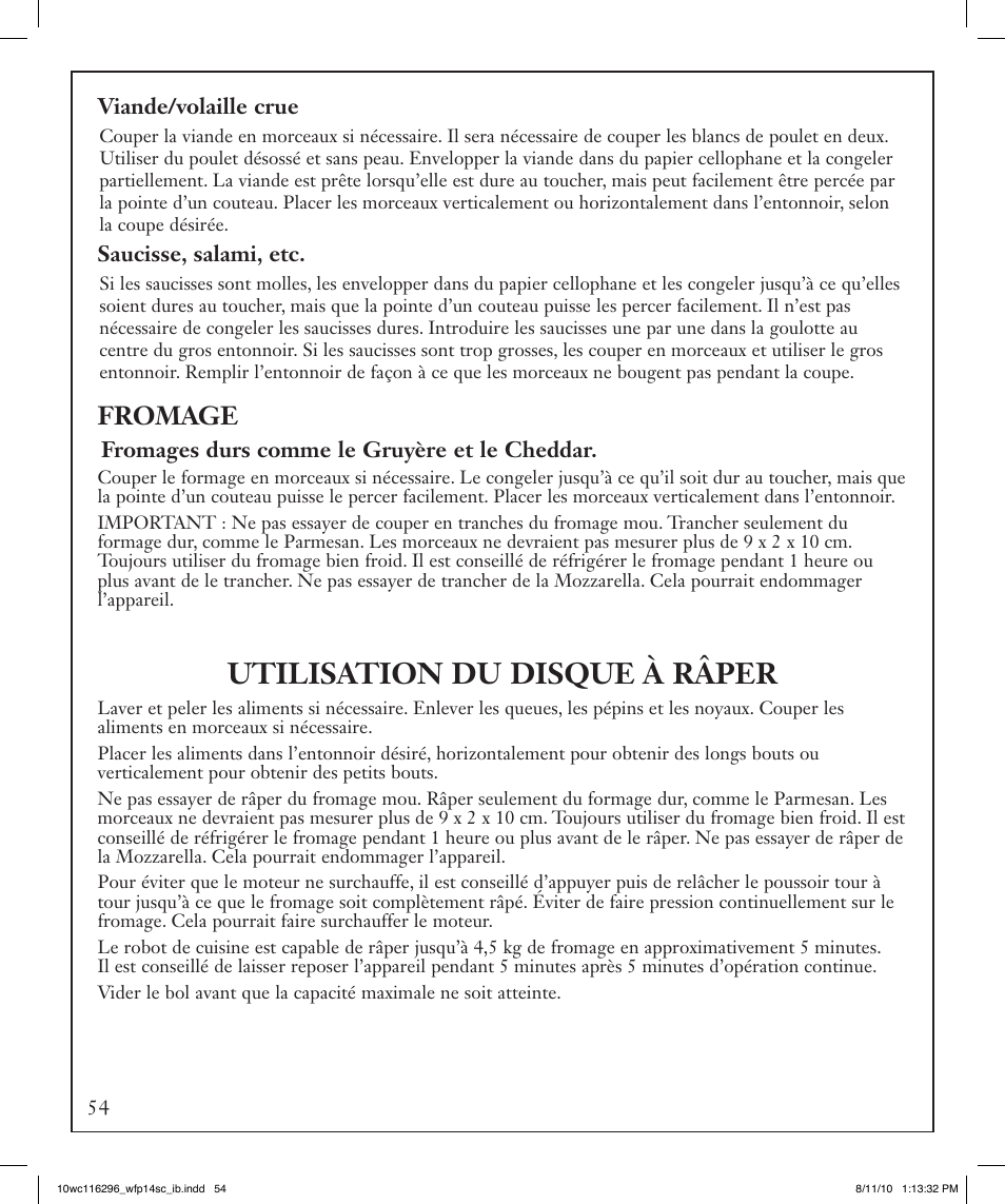 Utilisation du disque à râper, Fromage | Waring WFP14SC User Manual | Page 54 / 60