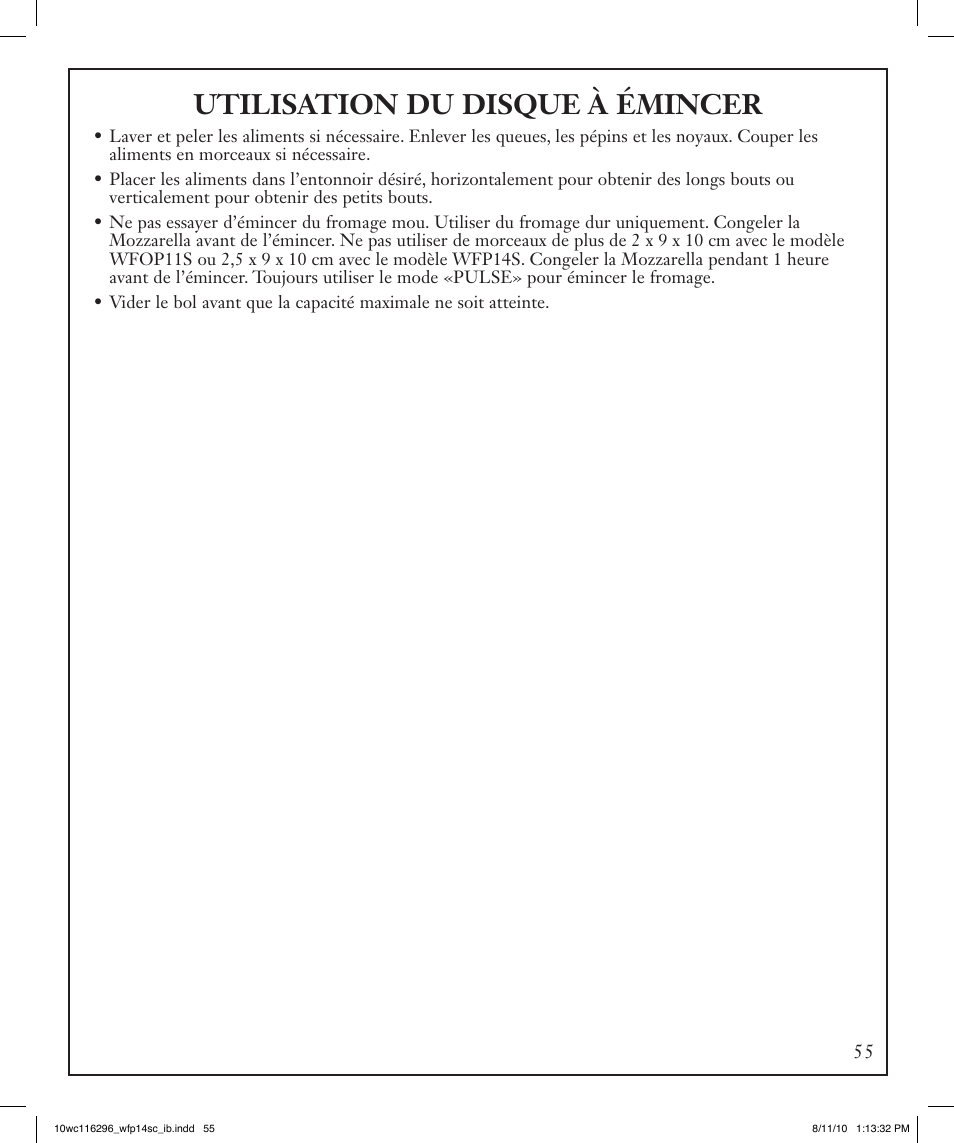 Utilisation du disque à émincer | Waring WFP14SC User Manual | Page 55 / 60