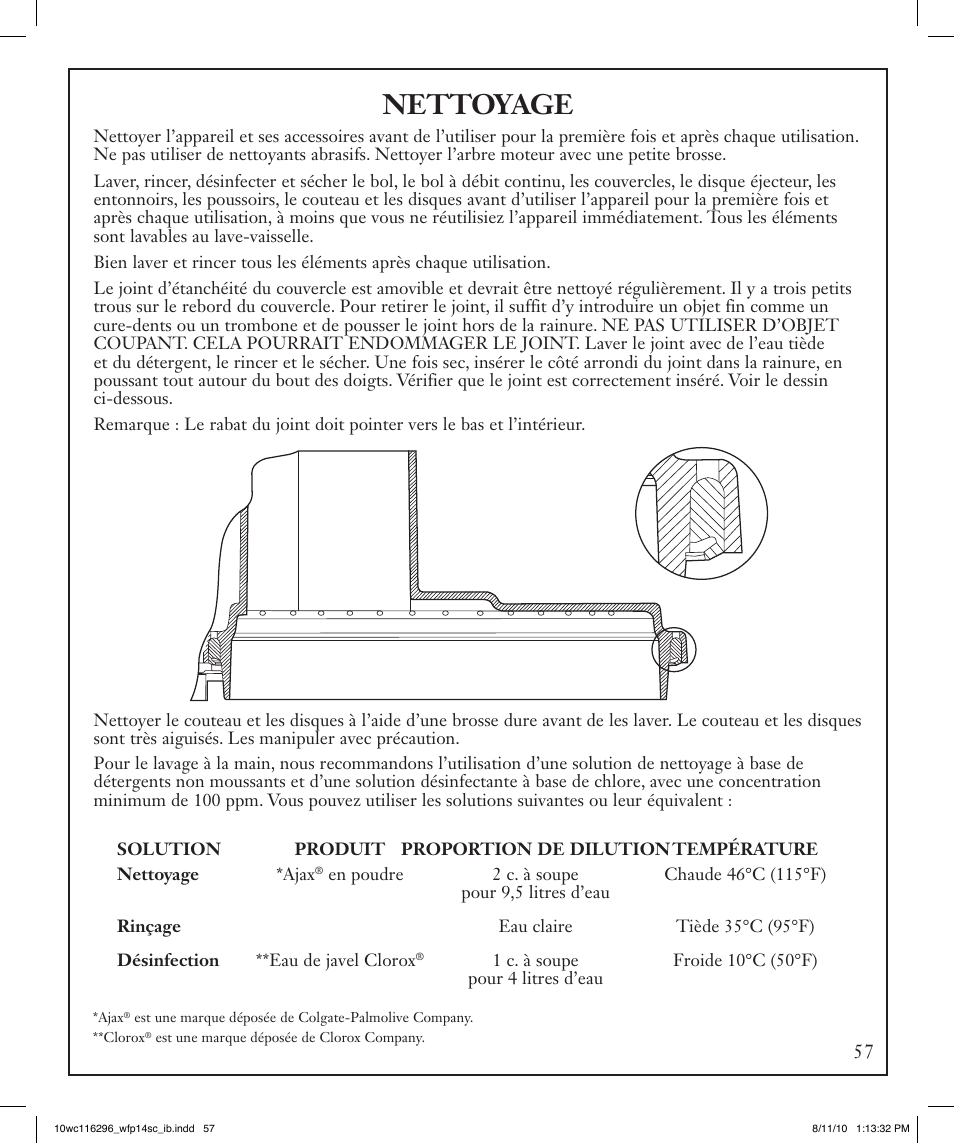 Nettoyage | Waring WFP14SC User Manual | Page 57 / 60