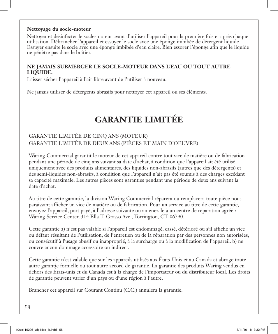 Garantie limitée | Waring WFP14SC User Manual | Page 58 / 60