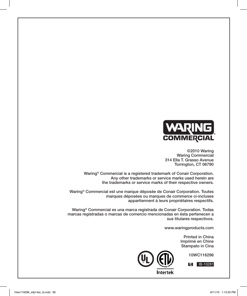 Waring WFP14SC User Manual | Page 60 / 60