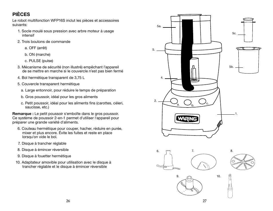 Pièces | Waring WFP16S User Manual | Page 14 / 33