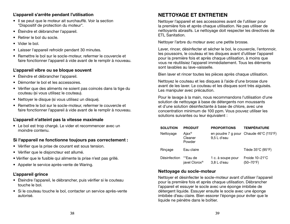 Nettoyage et entretien | Waring WFP16S User Manual | Page 20 / 33