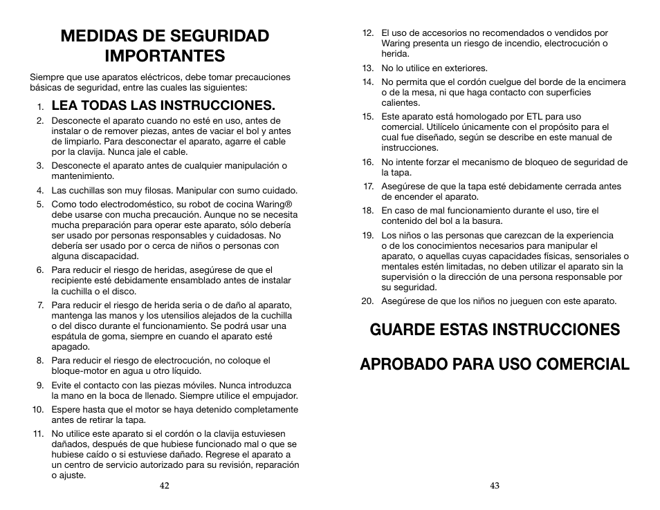 Medidas de seguridad importantes, Lea todas las instrucciones | Waring WFP16S User Manual | Page 22 / 33