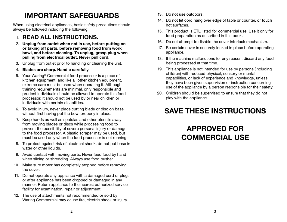 Important safeguards, Read all instructions | Waring WFP16SCD User Manual | Page 2 / 35