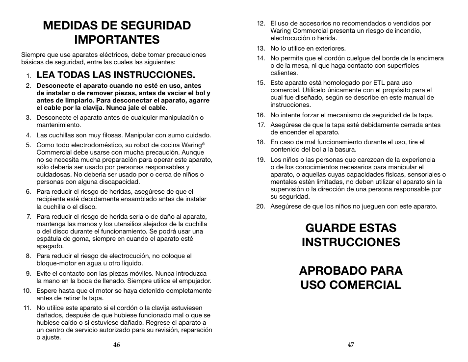 Medidas de seguridad importantes, Lea todas las instrucciones | Waring WFP16SCD User Manual | Page 24 / 35