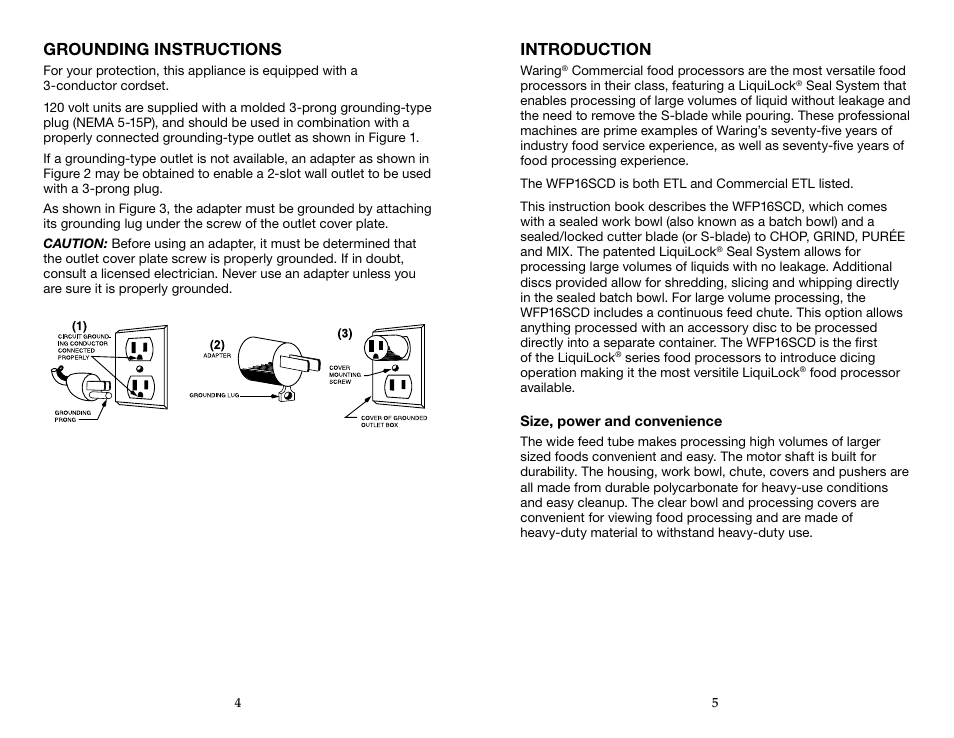 Grounding instructions, Introduction | Waring WFP16SCD User Manual | Page 3 / 35