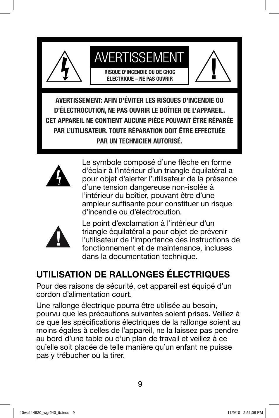 Avertissement, Helvetica neue lt std 47 light 15 pt, Utilisation de rallonges électriques | Waring WGR240 User Manual | Page 10 / 20