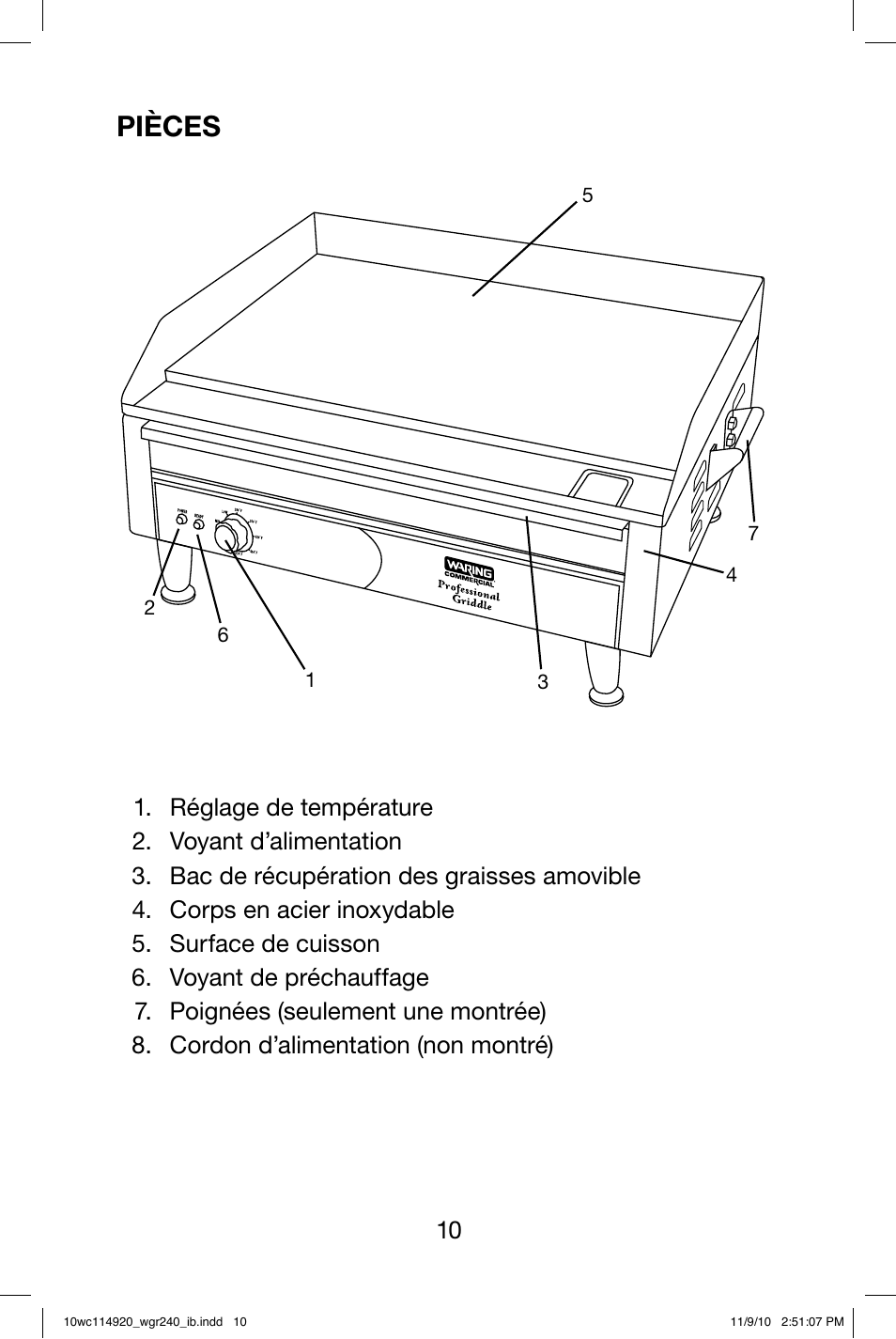 Pièces | Waring WGR240 User Manual | Page 11 / 20