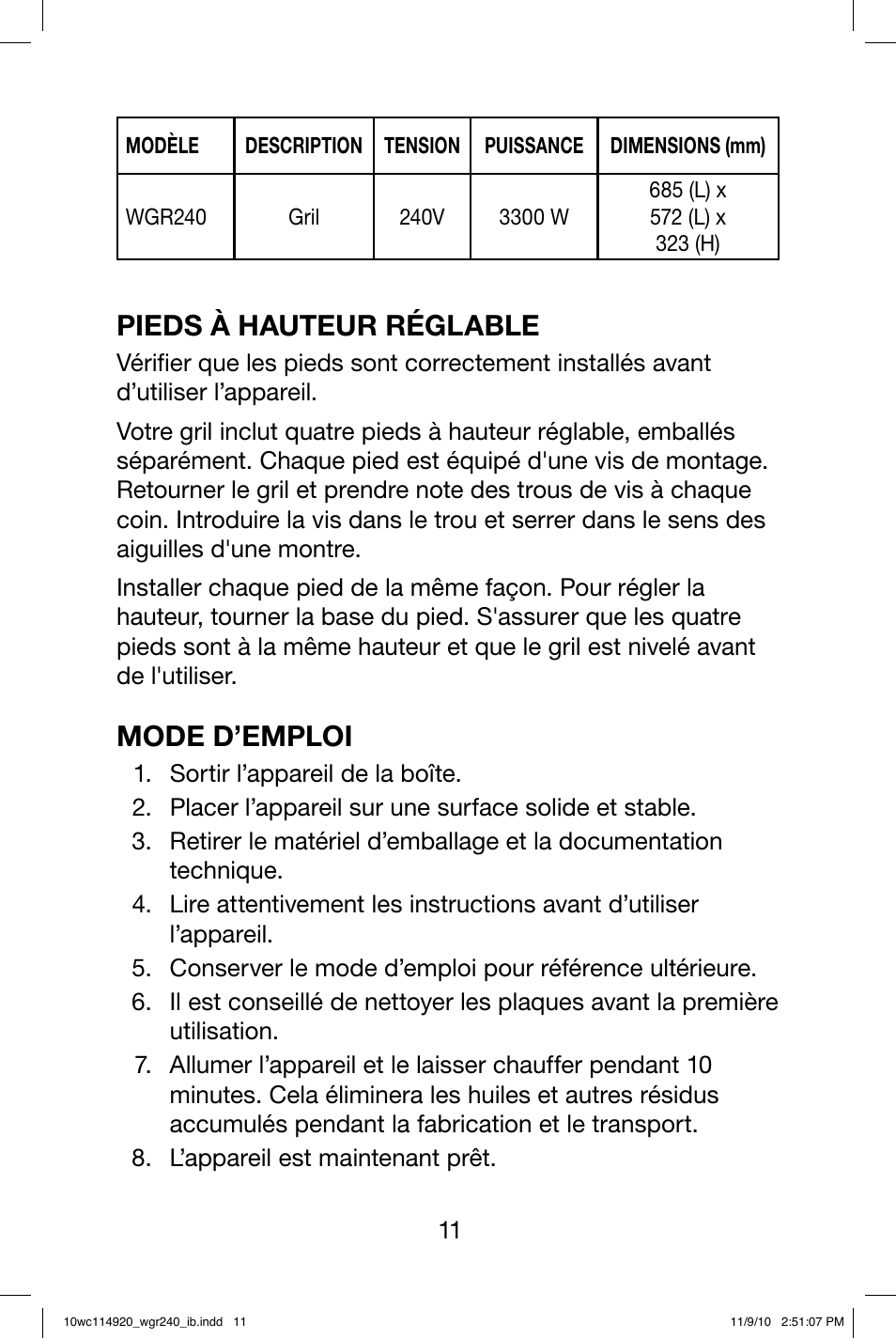 Pieds à hauteur réglable, Mode d’emploi | Waring WGR240 User Manual | Page 12 / 20