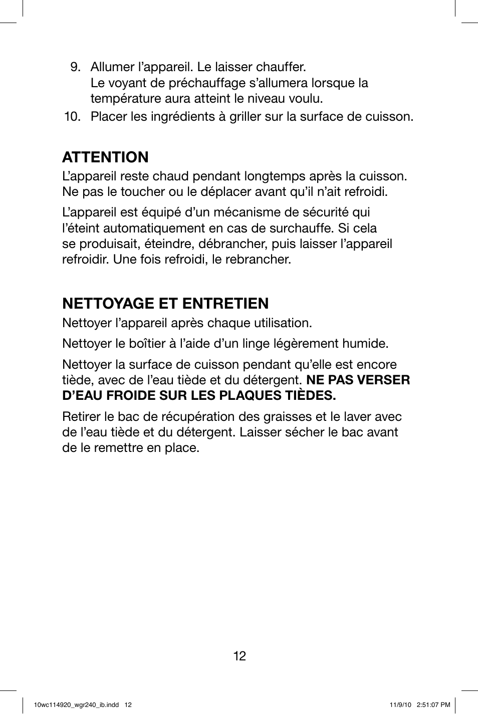 Attention, Nettoyage et entretien | Waring WGR240 User Manual | Page 13 / 20