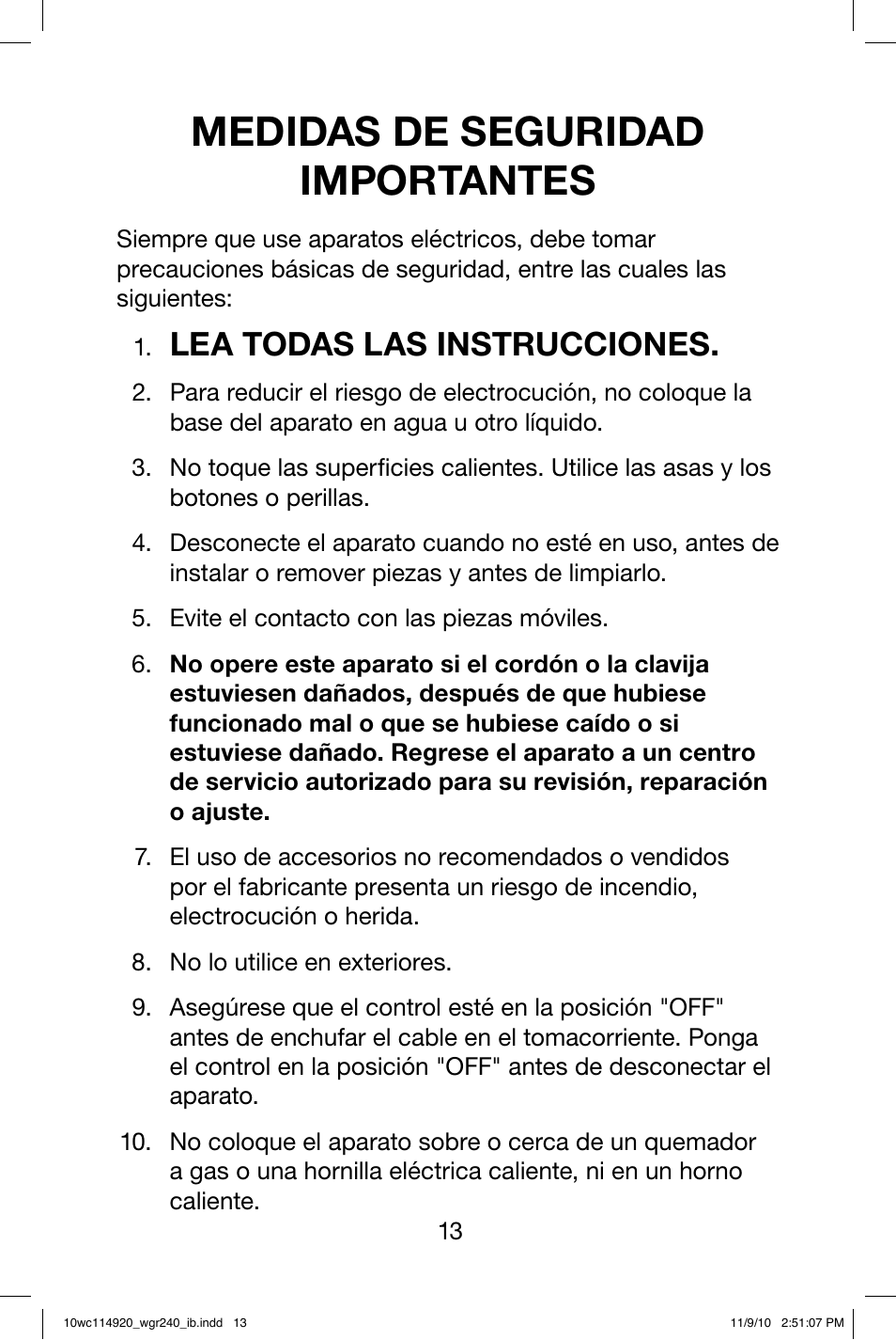 Medidas de seguridad importantes, Lea todas las instrucciones | Waring WGR240 User Manual | Page 14 / 20