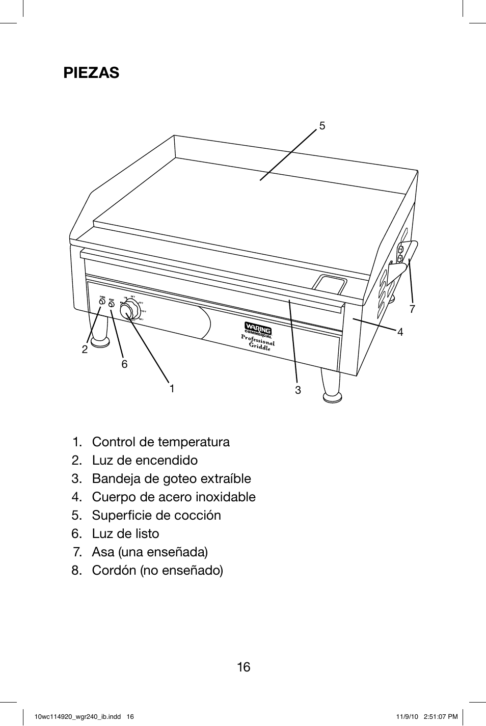 Piezas | Waring WGR240 User Manual | Page 17 / 20