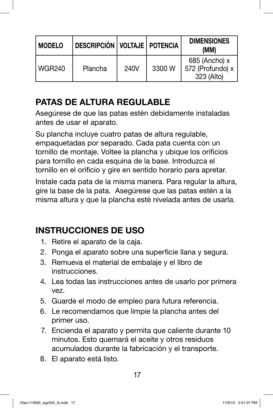 Patas de altura regulable, Instrucciones de uso | Waring WGR240 User Manual | Page 18 / 20