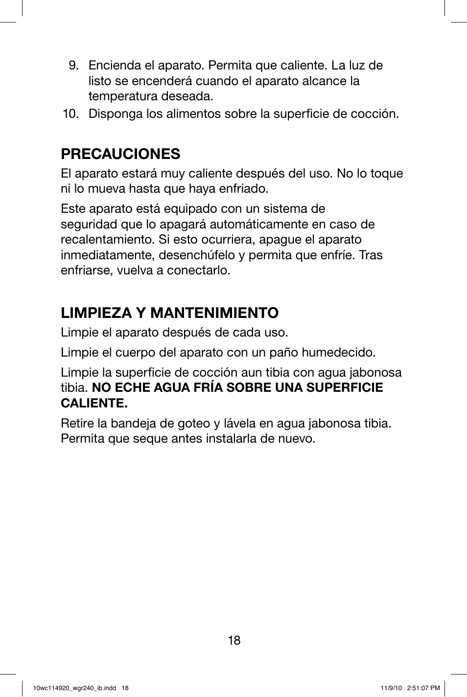 Precauciones, Limpieza y mantenimiento | Waring WGR240 User Manual | Page 19 / 20