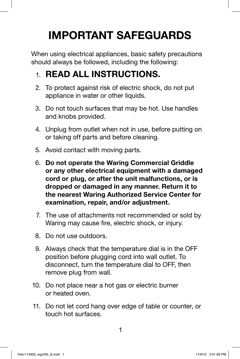 Important safeguards, Read all instructions | Waring WGR240 User Manual | Page 2 / 20