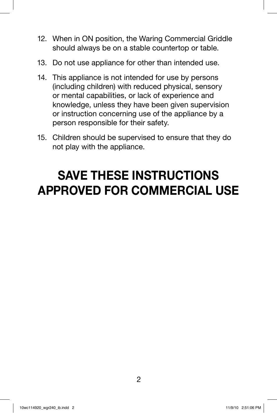 Waring WGR240 User Manual | Page 3 / 20