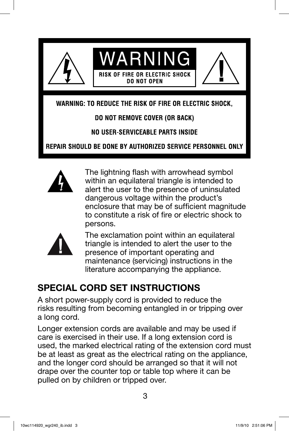 Special cord set instructions | Waring WGR240 User Manual | Page 4 / 20