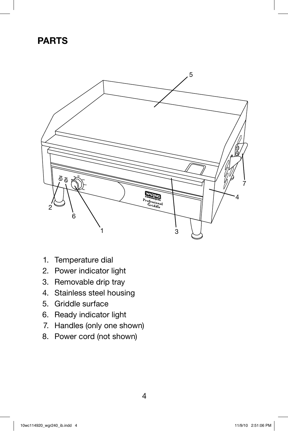 Parts | Waring WGR240 User Manual | Page 5 / 20