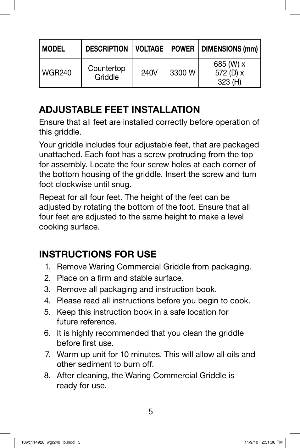 Adjustable feet installation, Instructions for use | Waring WGR240 User Manual | Page 6 / 20