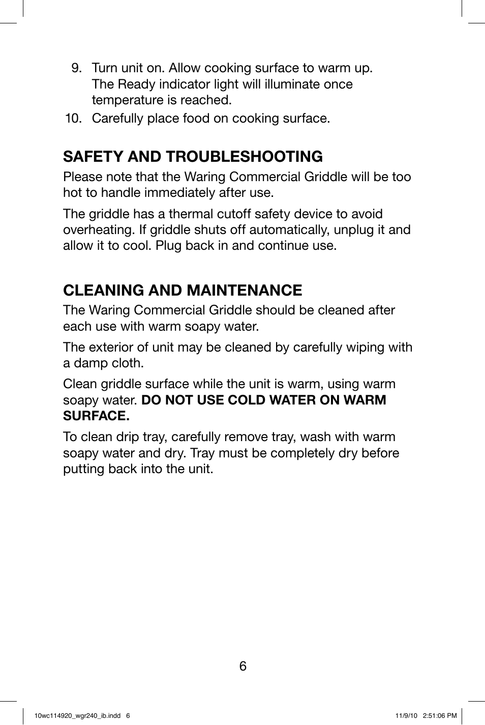 Safety and troubleshooting, Cleaning and maintenance | Waring WGR240 User Manual | Page 7 / 20