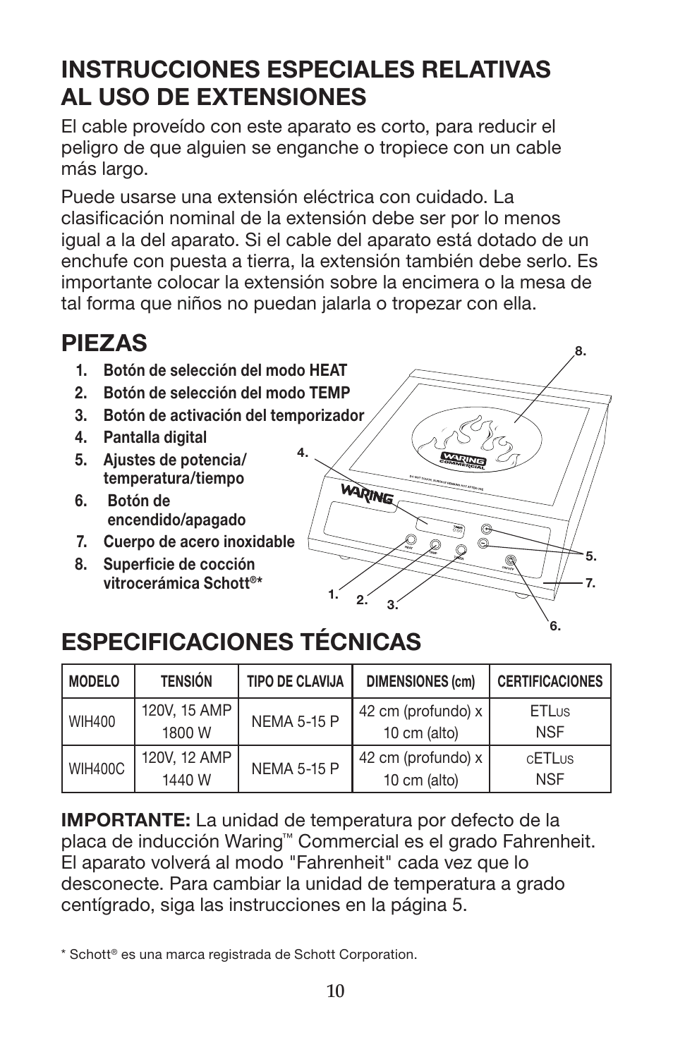 Especificaciones técnicas, Piezas | Waring WIH400 User Manual | Page 10 / 20