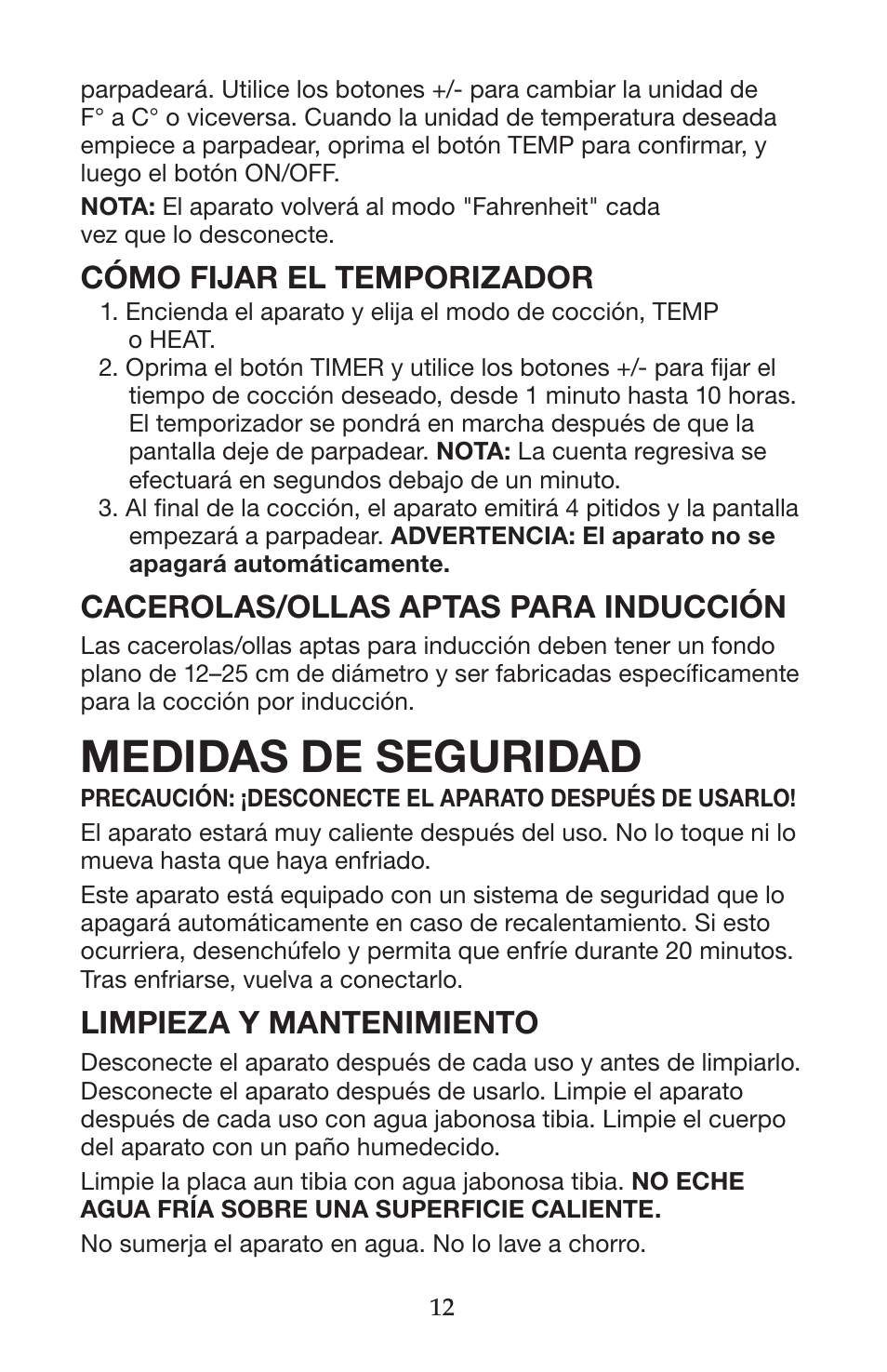 Medidas de seguridad, Cómo fijar el temporizador, Cacerolas/ollas aptas para inducción | Limpieza y mantenimiento | Waring WIH400 User Manual | Page 12 / 20