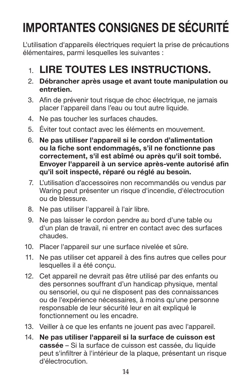Importantes consignes de sécurité, Lire toutes les instructions | Waring WIH400 User Manual | Page 14 / 20