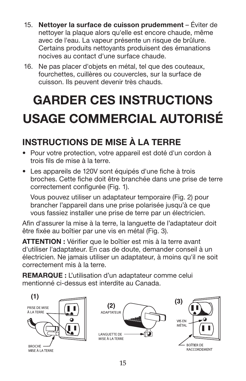 Garder ces instructions usage commercial autorisé, Instructions de mise à la terre | Waring WIH400 User Manual | Page 15 / 20