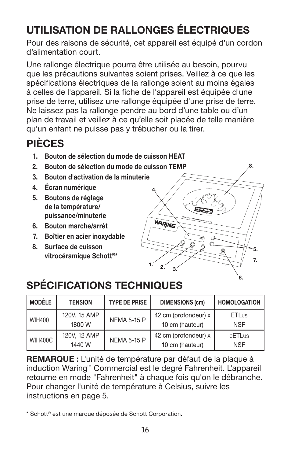 Utilisation de rallonges électriques, Spécifications techniques, Pièces | Waring WIH400 User Manual | Page 16 / 20