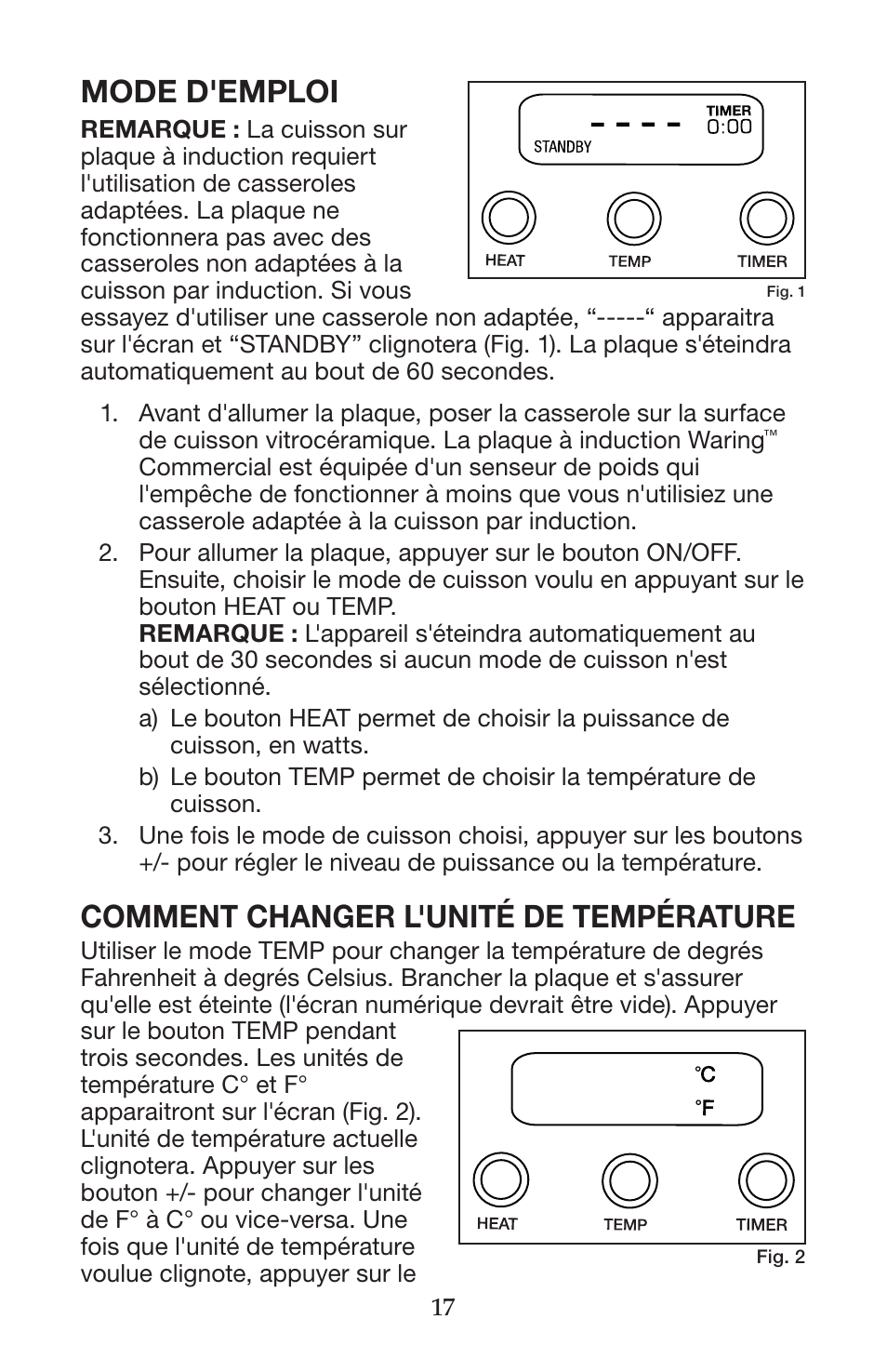 Mode d'emploi, Comment changer l'unité de température | Waring WIH400 User Manual | Page 17 / 20