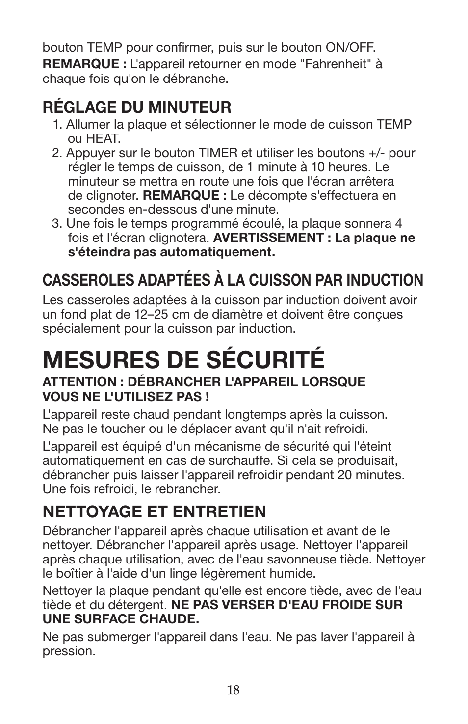 Mesures de sécurité, Réglage du minuteur, Casseroles adaptées à la cuisson par induction | Nettoyage et entretien | Waring WIH400 User Manual | Page 18 / 20