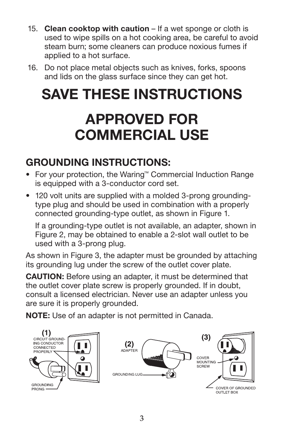 Grounding instructions | Waring WIH400 User Manual | Page 3 / 20