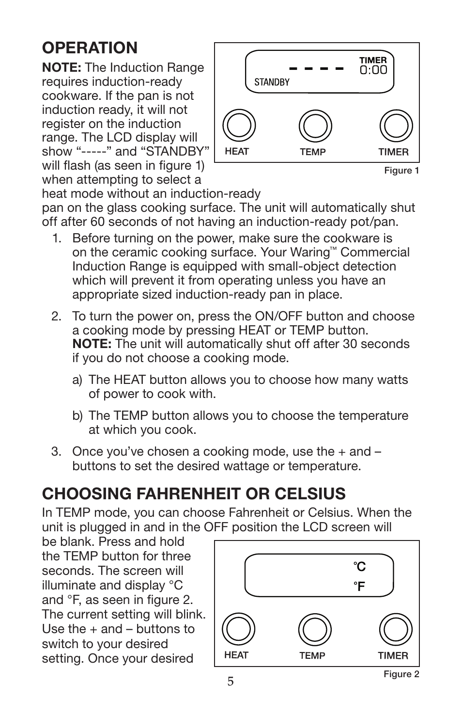 Operation, Choosing fahrenheit or celsius | Waring WIH400 User Manual | Page 5 / 20