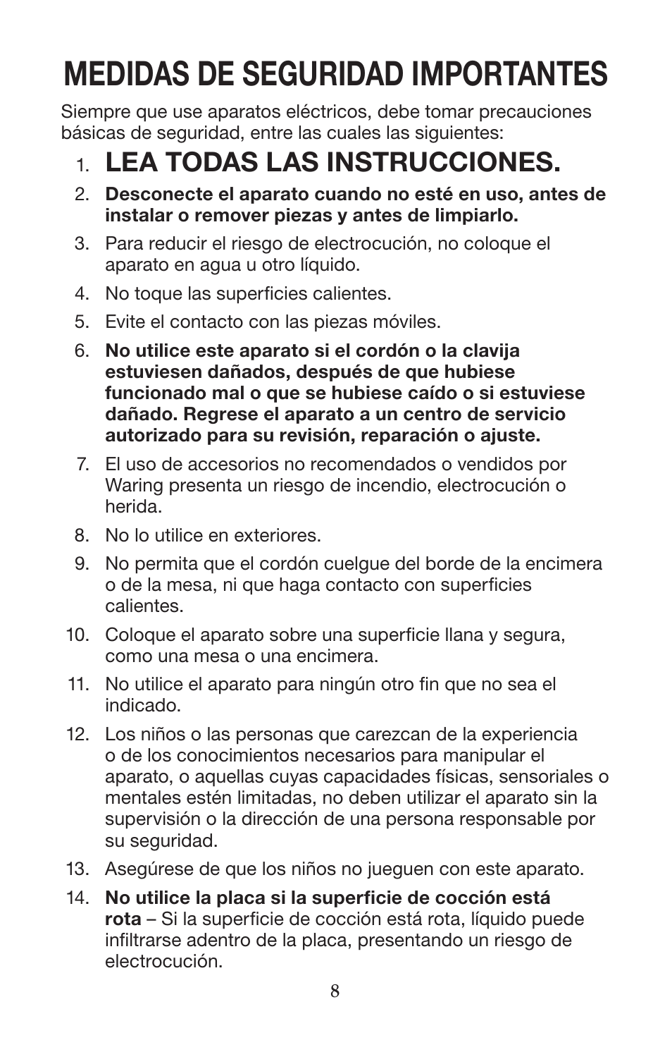 Medidas de seguridad importantes, Lea todas las instrucciones | Waring WIH400 User Manual | Page 8 / 20