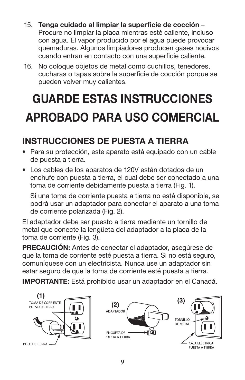Instrucciones de puesta a tierra | Waring WIH400 User Manual | Page 9 / 20