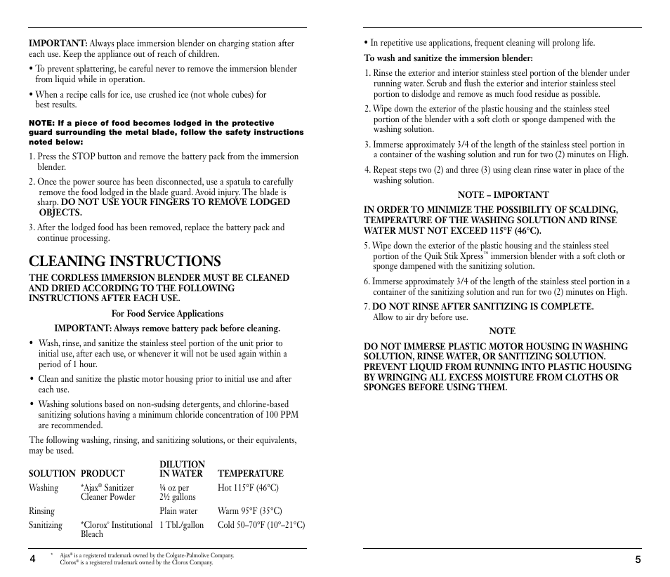 Cleaning instructions | Waring WSB25X User Manual | Page 3 / 11