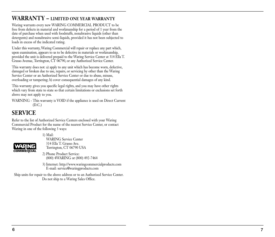 Warranty, Service | Waring WSB25X User Manual | Page 4 / 11