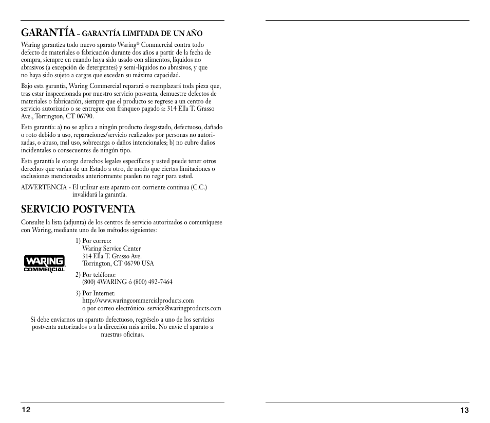 Garantía, Servicio postventa | Waring WSB25X User Manual | Page 7 / 11