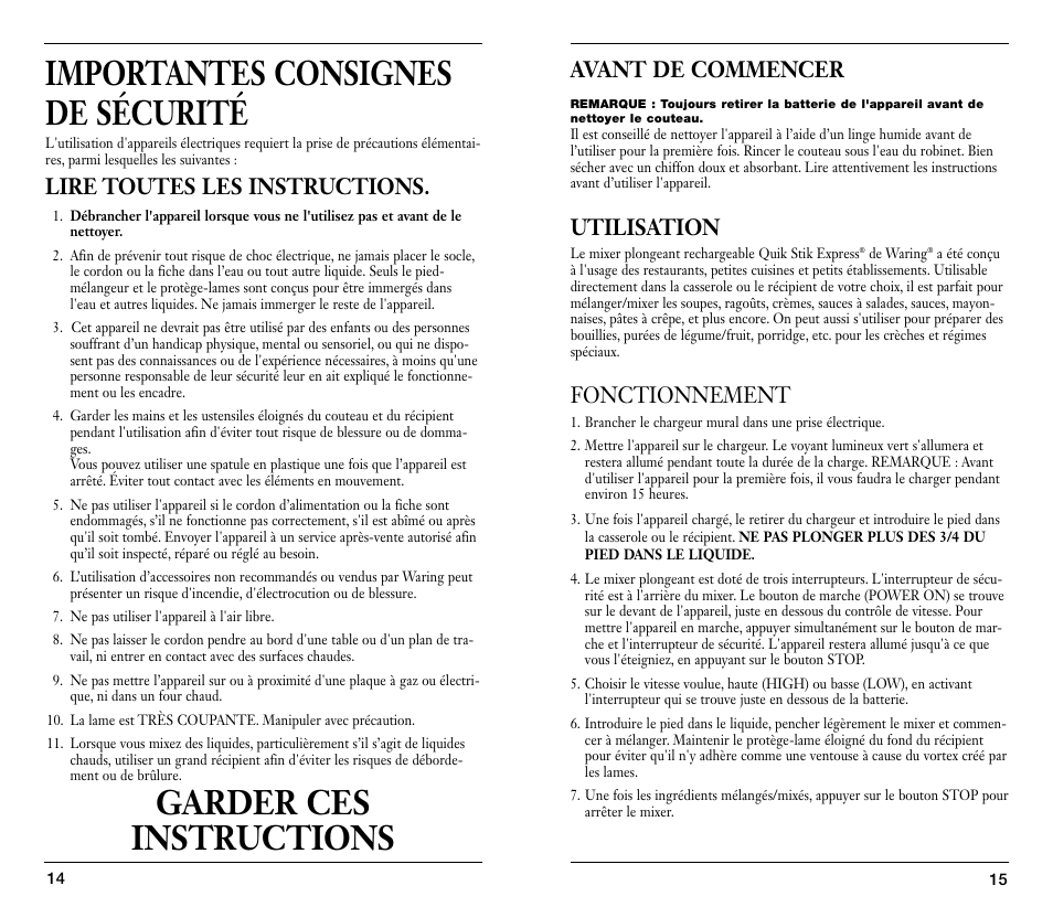 Importantes consignes de sécurité, Garder ces instructions, Lire toutes les instructions | Avant de commencer, Utilisation, Fonctionnement | Waring WSB25X User Manual | Page 8 / 11