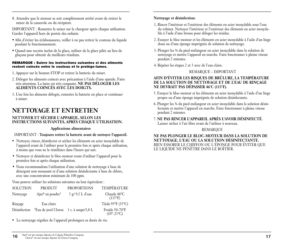 Nettoyage et entretien | Waring WSB25X User Manual | Page 9 / 11