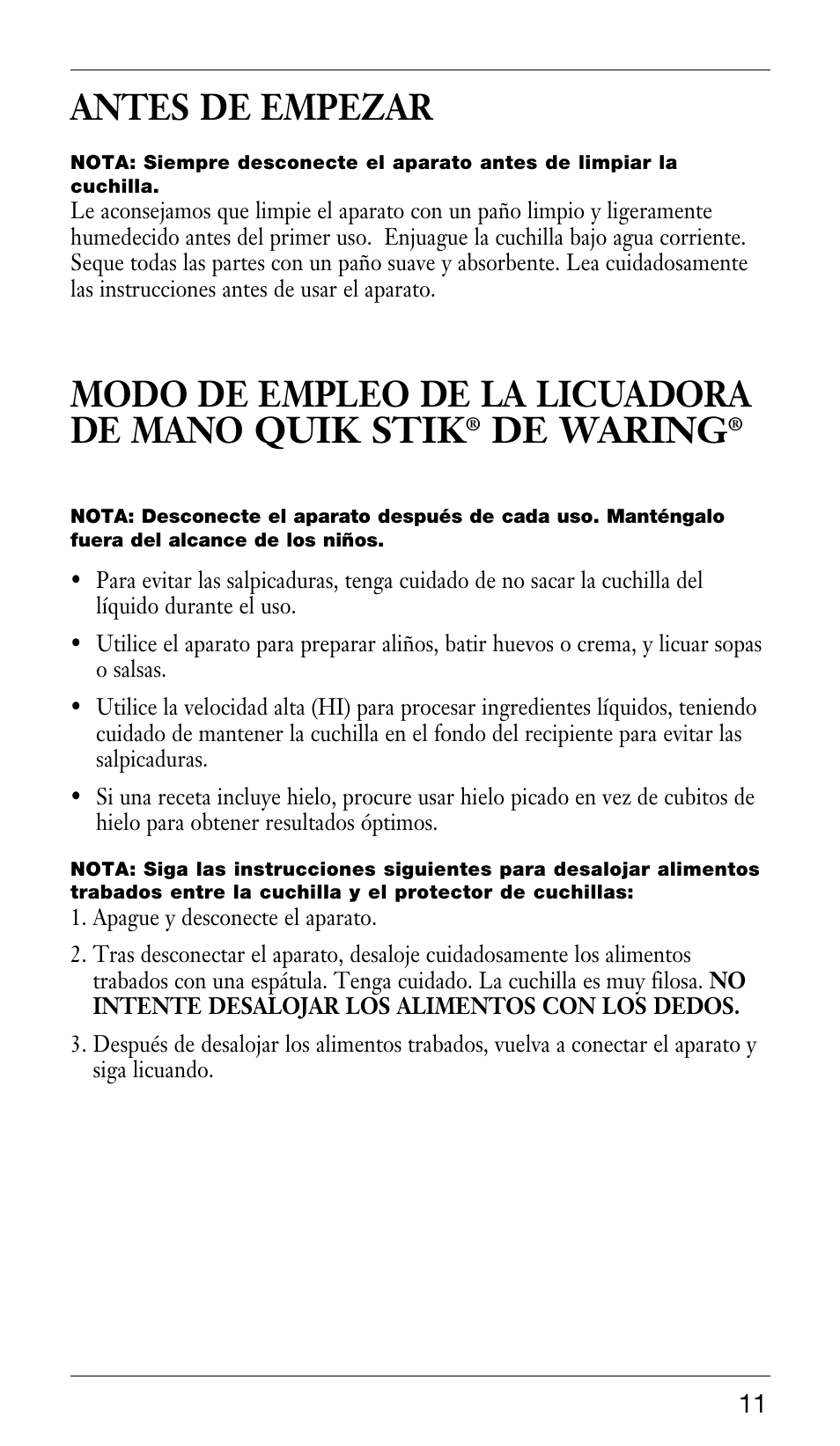 Antes de empezar, Modo de empleo de la licuadora de mano quik stik, De waring | Waring WSB33X User Manual | Page 11 / 20