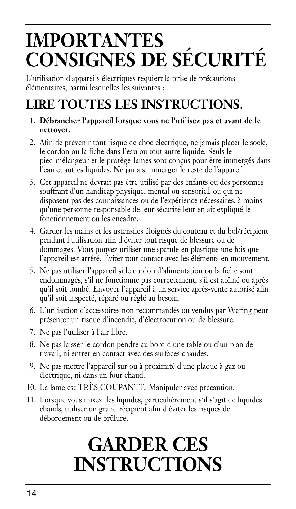Importantes consignes de sécurité, Garder ces instructions, Lire toutes les instructions | Waring WSB33X User Manual | Page 14 / 20