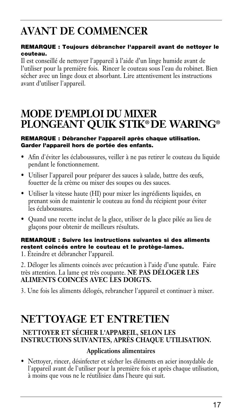 Avant de commencer, Mode d'emploi du mixer plongeant quik stik, De waring | Nettoyage et entretien | Waring WSB33X User Manual | Page 17 / 20