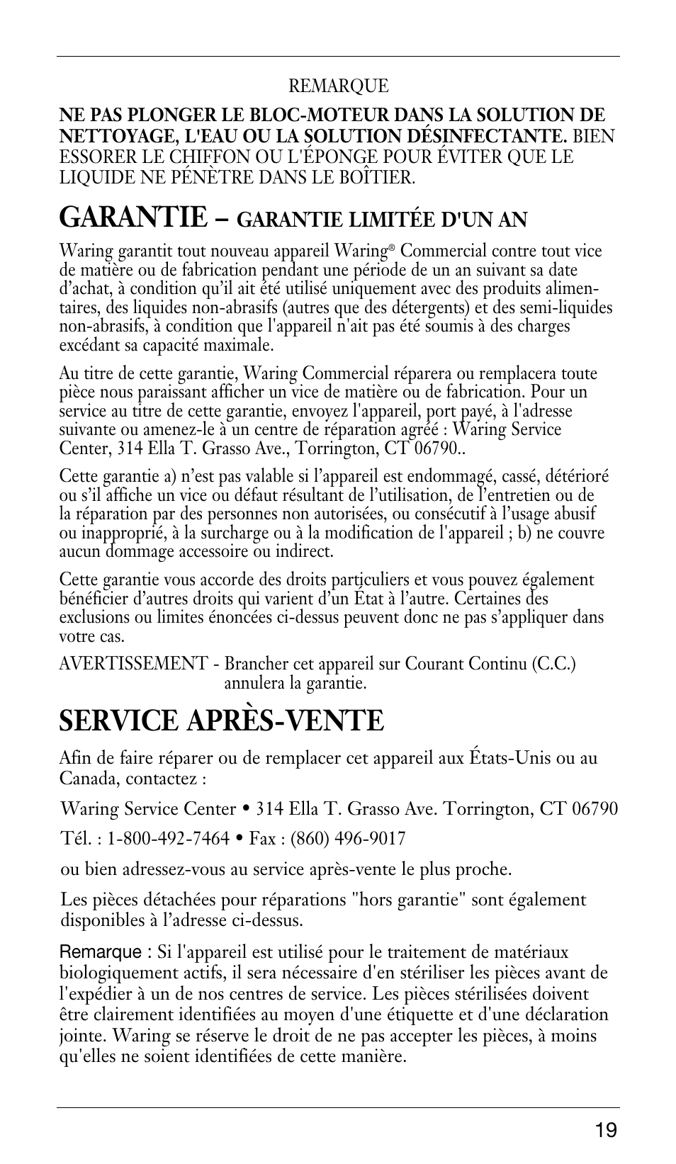 Garantie, Service après-vente | Waring WSB33X User Manual | Page 19 / 20