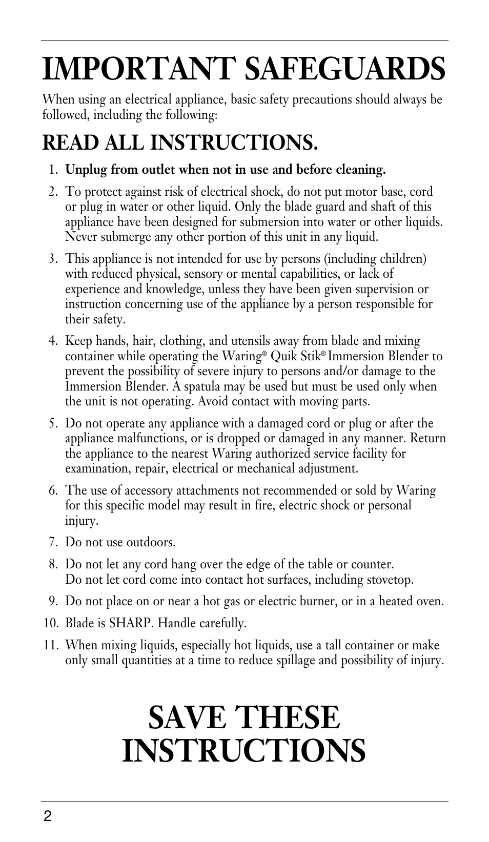 Important safeguards, Save these instructions, Read all instructions | Waring WSB33X User Manual | Page 2 / 20