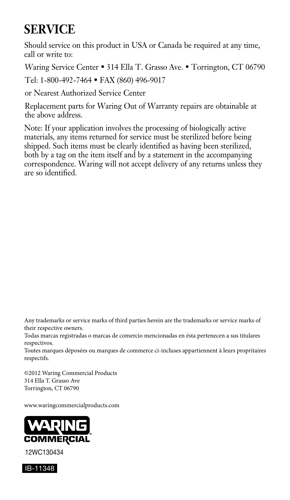 Service | Waring WSB33X User Manual | Page 20 / 20