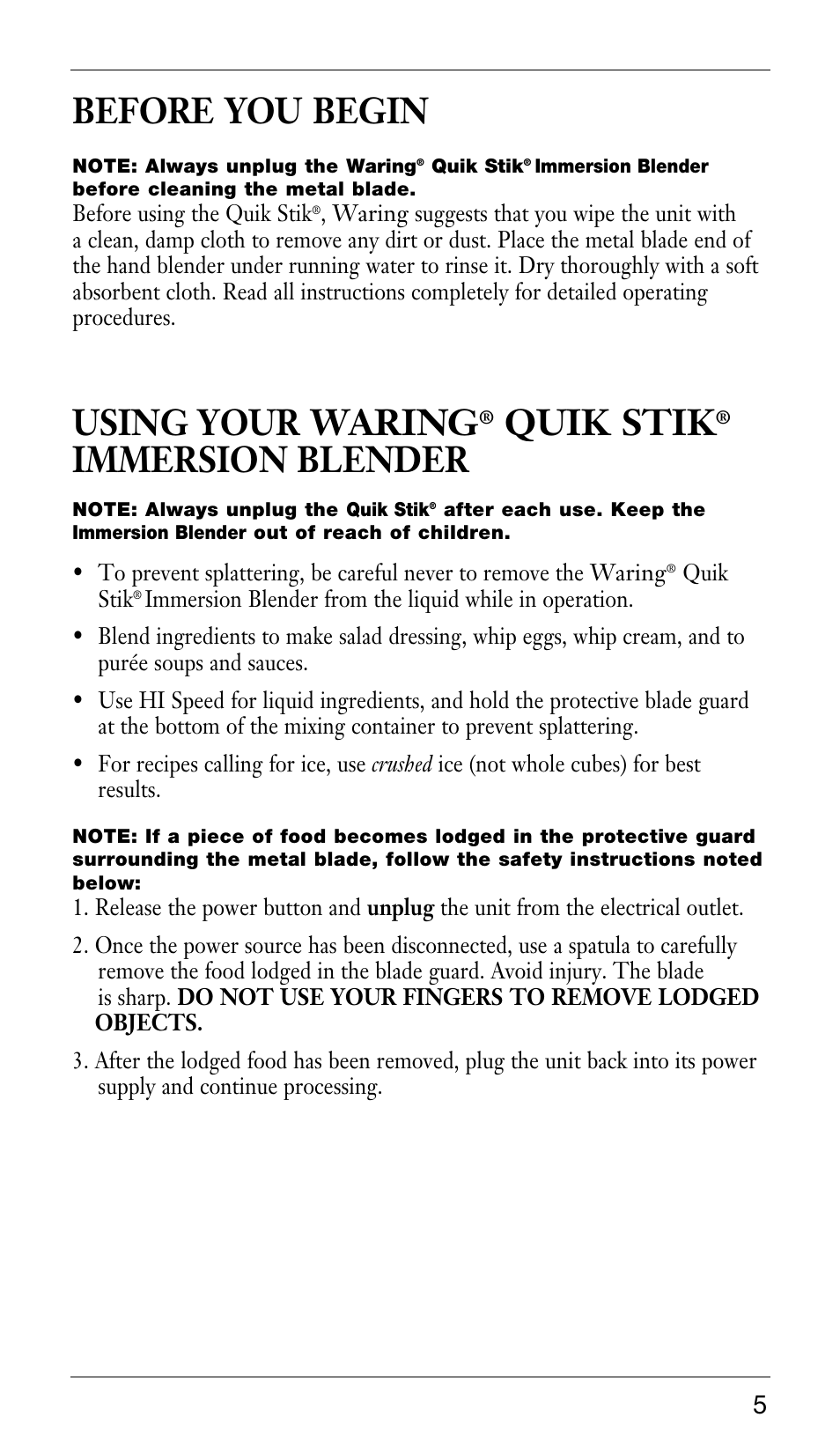 Before you begin, Using your waring, Quik stik | Immersion blender | Waring WSB33X User Manual | Page 5 / 20