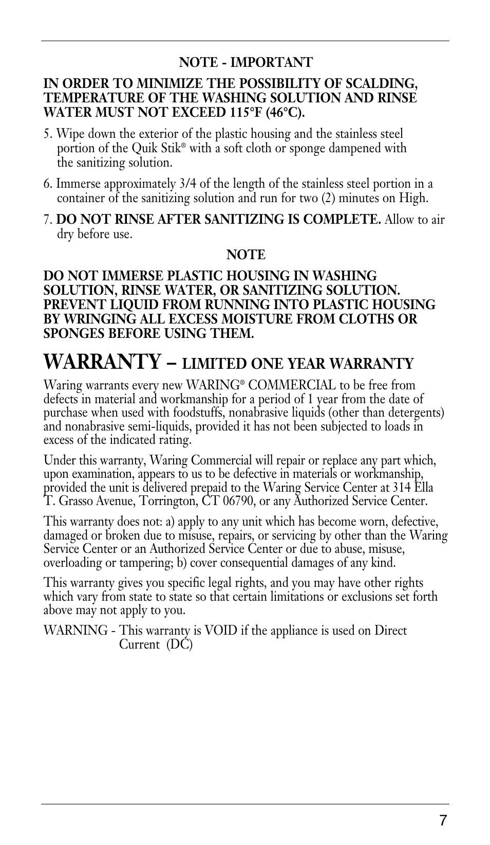 Warranty | Waring WSB33X User Manual | Page 7 / 20